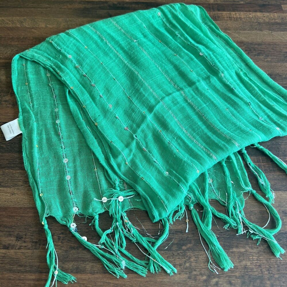 Women's Tasseled Scarf Green w/ Silver Sparkly Sequin Stripes Belly Dancing Vibe